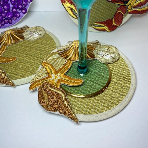 4 Beach Theme Coasters Glass Markers Embroidery Shells Grapes Crab Patio Decor - Picture 4 of 6